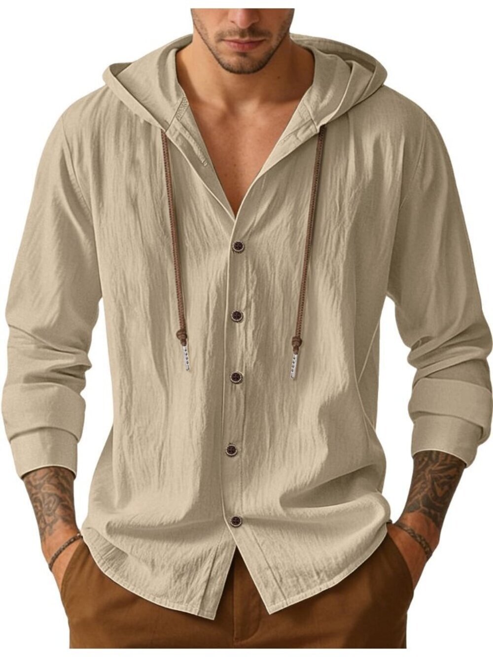 Men's Khaki Cotton Linen Long Sleeve Top Casual Lightweight Button Down Hoodie